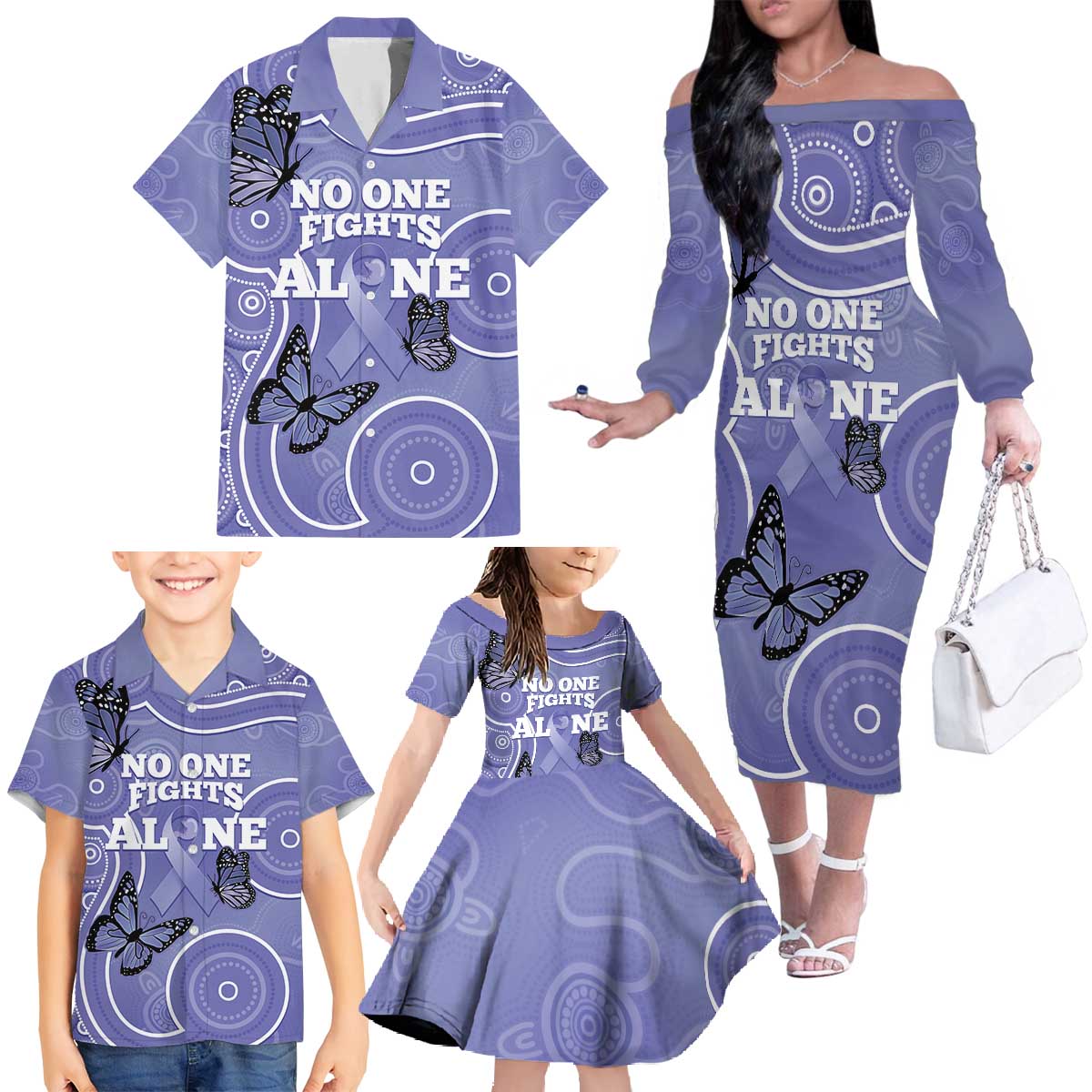Australia Stomach Cancer Awareness Family Matching Off The Shoulder Long Sleeve Dress and Hawaiian Shirt No One Fights Alone Aboriginal Art
