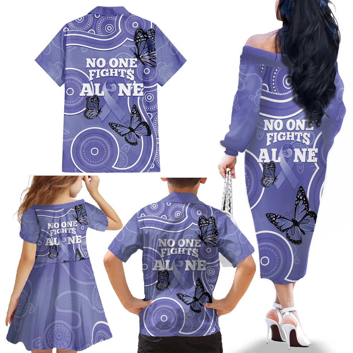 Australia Stomach Cancer Awareness Family Matching Off The Shoulder Long Sleeve Dress and Hawaiian Shirt No One Fights Alone Aboriginal Art
