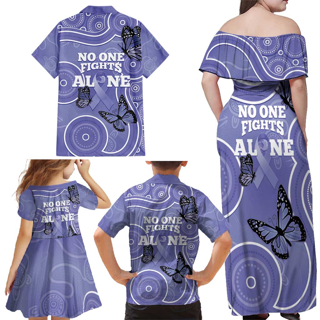 Australia Stomach Cancer Awareness Family Matching Off Shoulder Maxi Dress and Hawaiian Shirt No One Fights Alone Aboriginal Art