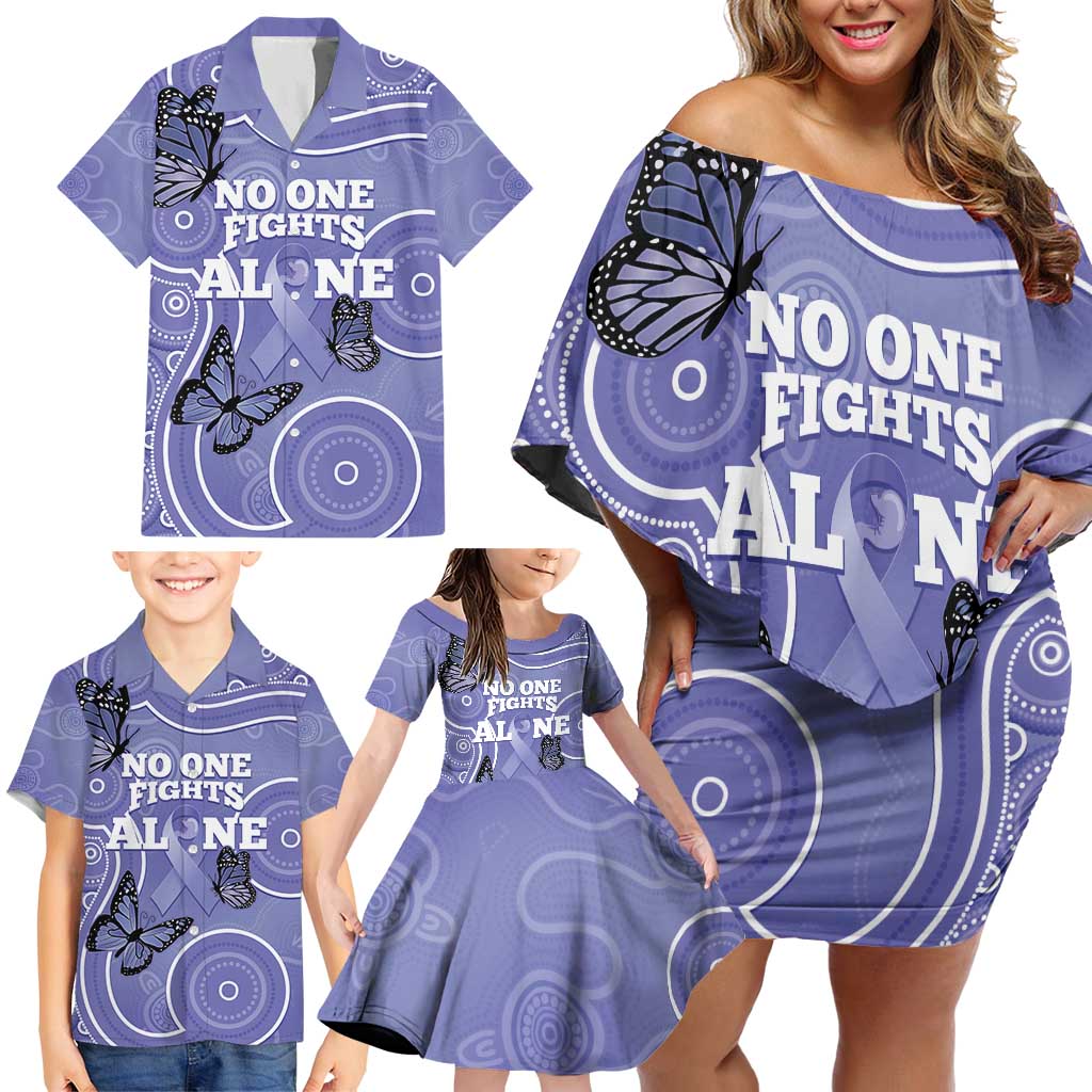Australia Stomach Cancer Awareness Family Matching Off Shoulder Short Dress and Hawaiian Shirt No One Fights Alone Aboriginal Art