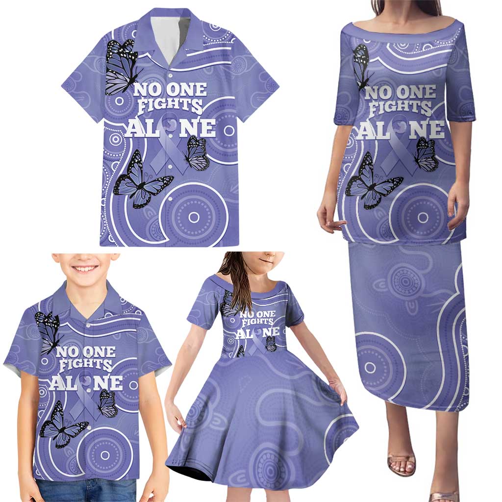 Australia Stomach Cancer Awareness Family Matching Puletasi and Hawaiian Shirt No One Fights Alone Aboriginal Art