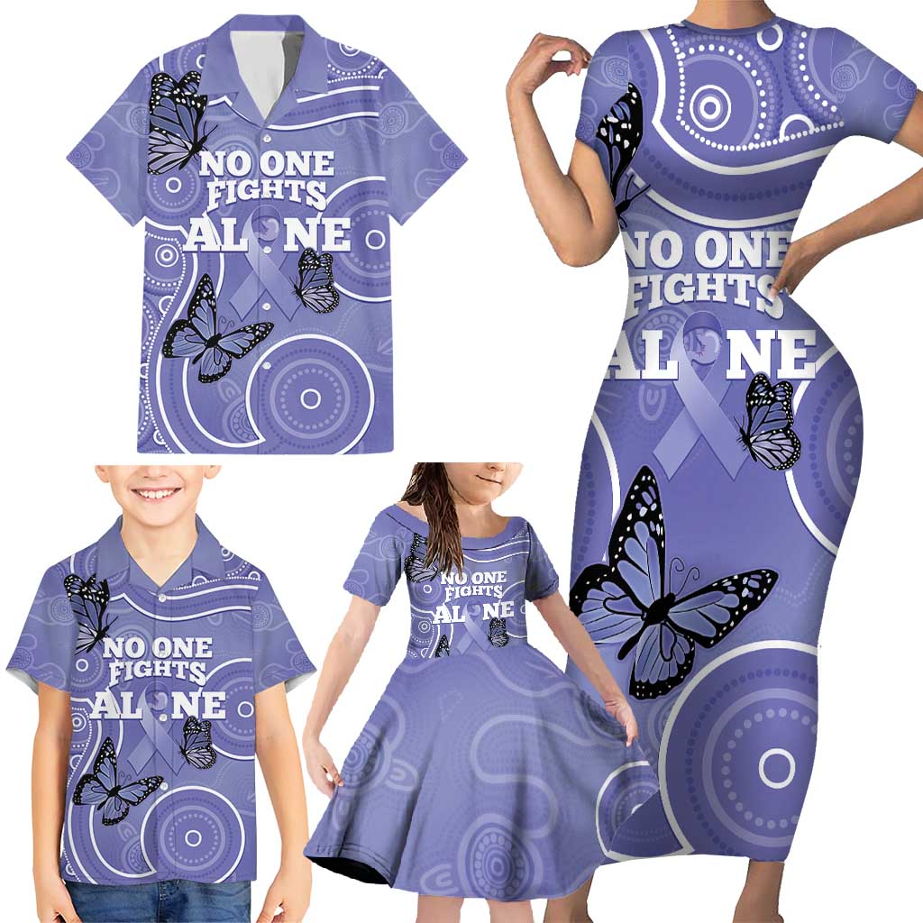 Australia Stomach Cancer Awareness Family Matching Short Sleeve Bodycon Dress and Hawaiian Shirt No One Fights Alone Aboriginal Art