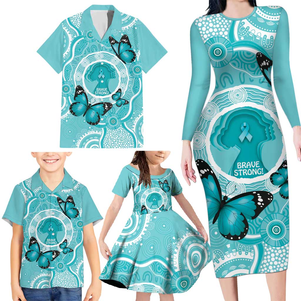 Australia Cervical Cancer Awareness Month Family Matching Long Sleeve Bodycon Dress and Hawaiian Shirt Brave Strong Butterfly Aboriginal Art