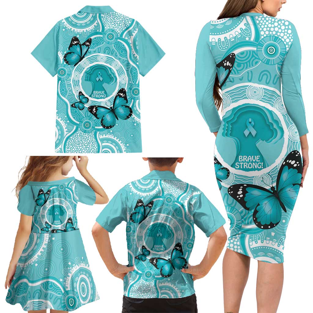 Australia Cervical Cancer Awareness Month Family Matching Long Sleeve Bodycon Dress and Hawaiian Shirt Brave Strong Butterfly Aboriginal Art