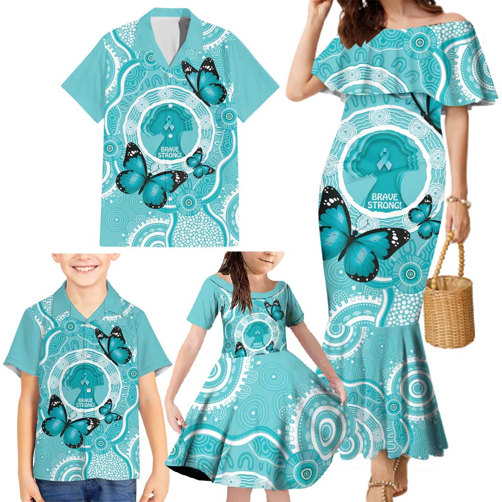 Australia Cervical Cancer Awareness Month Family Matching Mermaid Dress and Hawaiian Shirt Brave Strong Butterfly Aboriginal Art