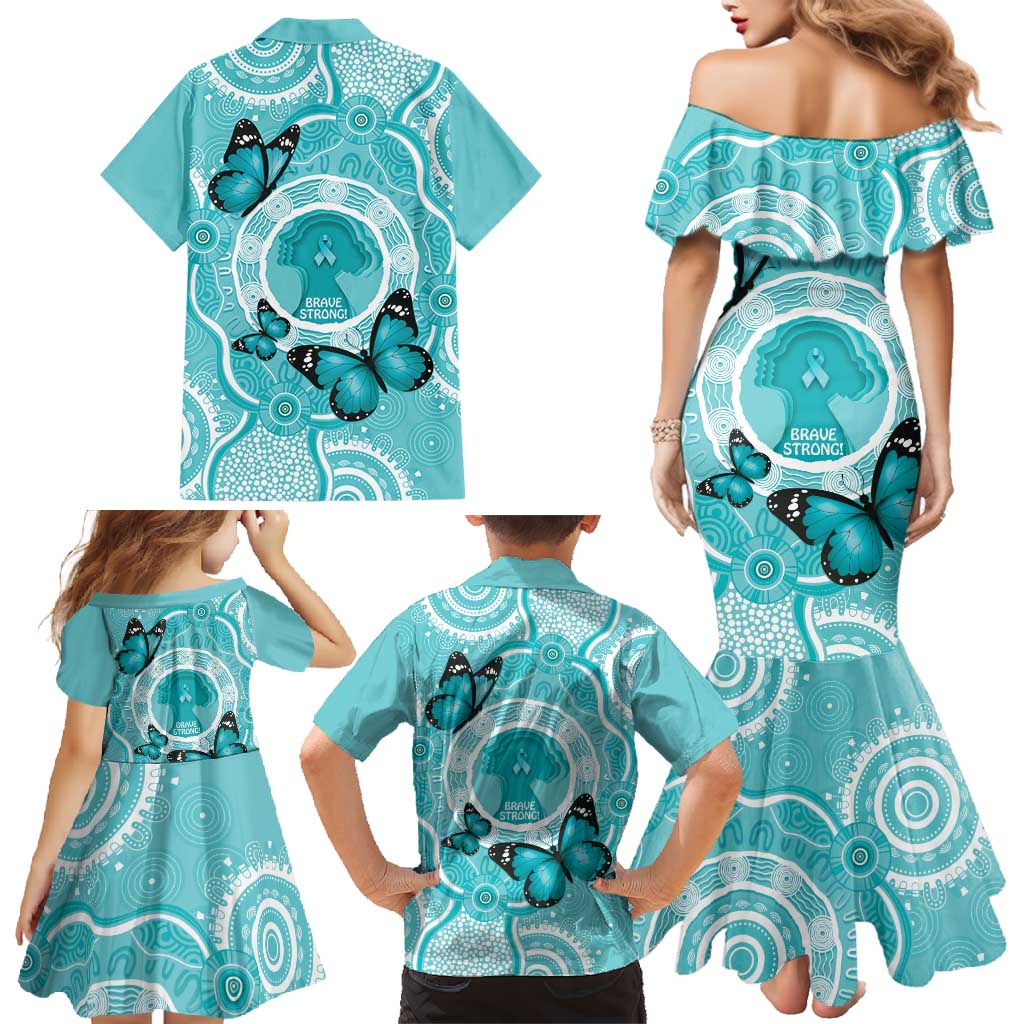 Australia Cervical Cancer Awareness Month Family Matching Mermaid Dress and Hawaiian Shirt Brave Strong Butterfly Aboriginal Art