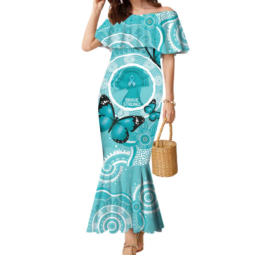 Australia Cervical Cancer Awareness Month Family Matching Mermaid Dress and Hawaiian Shirt Brave Strong Butterfly Aboriginal Art