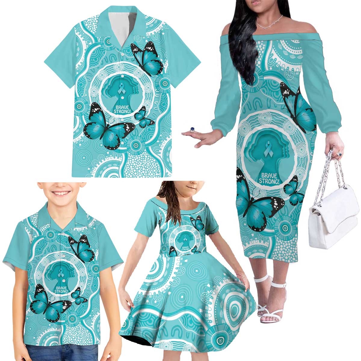 Australia Cervical Cancer Awareness Month Family Matching Off The Shoulder Long Sleeve Dress and Hawaiian Shirt Brave Strong Butterfly Aboriginal Art