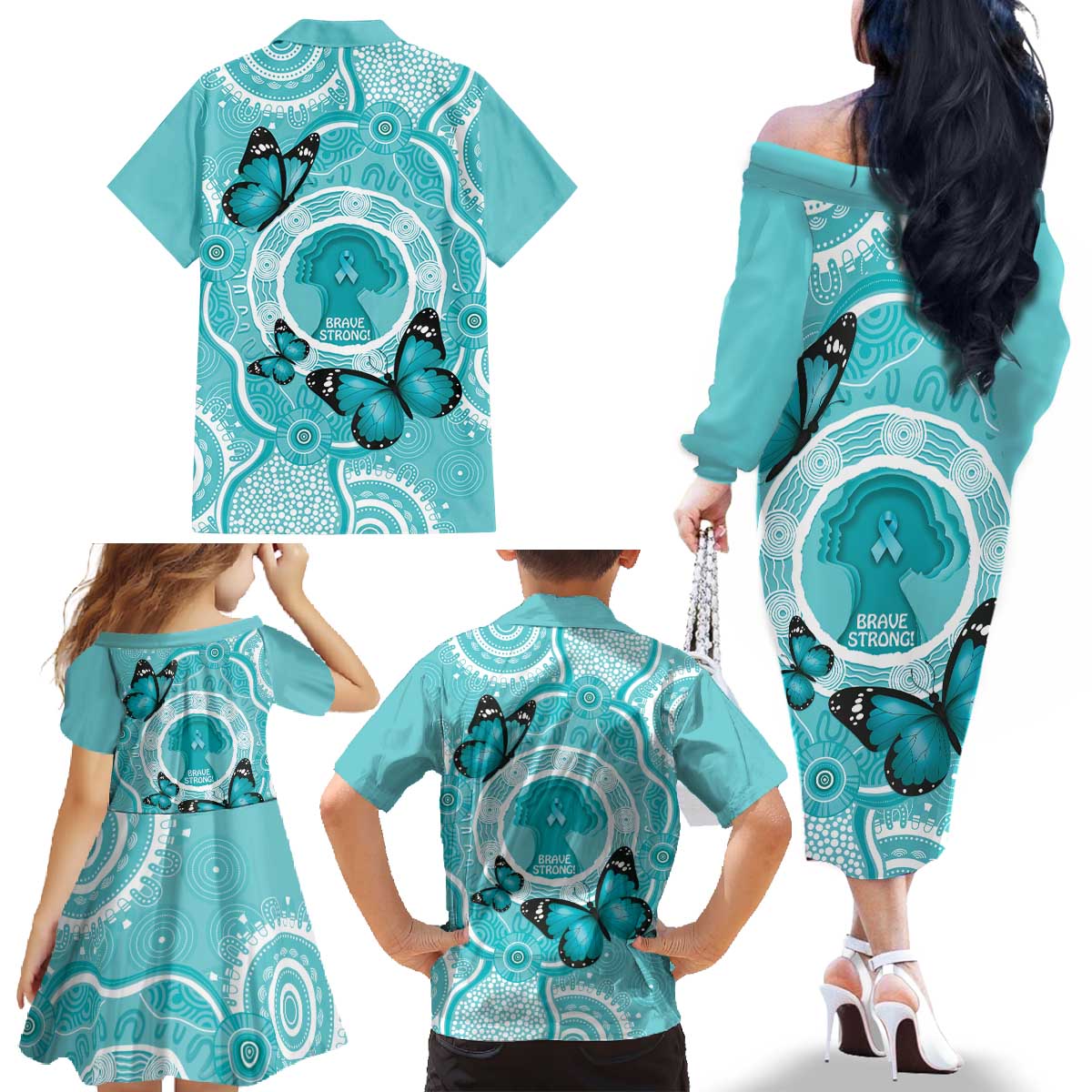 Australia Cervical Cancer Awareness Month Family Matching Off The Shoulder Long Sleeve Dress and Hawaiian Shirt Brave Strong Butterfly Aboriginal Art