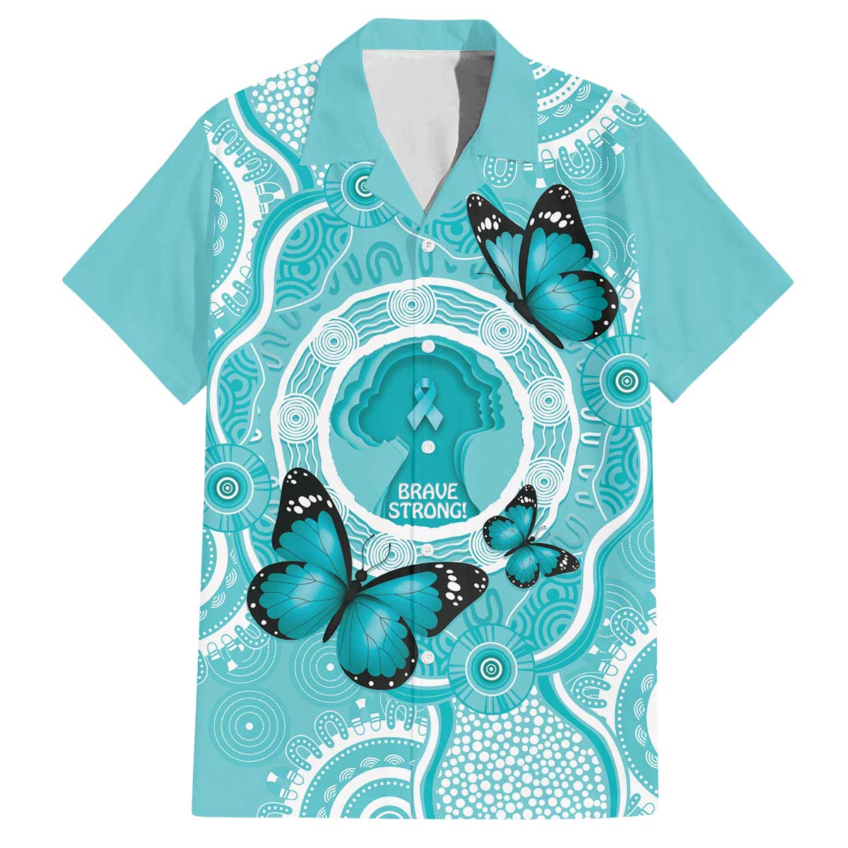 Australia Cervical Cancer Awareness Month Family Matching Off The Shoulder Long Sleeve Dress and Hawaiian Shirt Brave Strong Butterfly Aboriginal Art