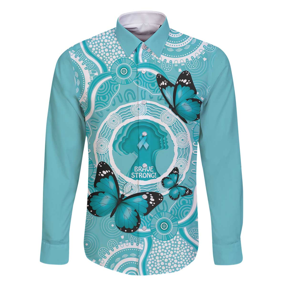 Australia Cervical Cancer Awareness Month Family Matching Off The Shoulder Long Sleeve Dress and Hawaiian Shirt Brave Strong Butterfly Aboriginal Art