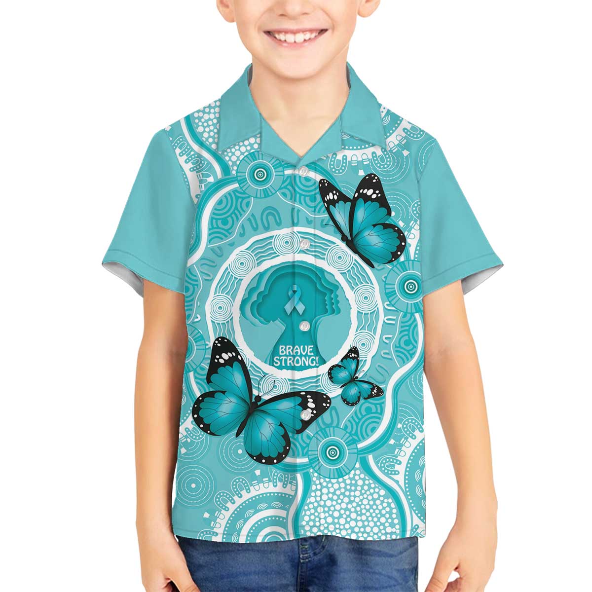 Australia Cervical Cancer Awareness Month Family Matching Off The Shoulder Long Sleeve Dress and Hawaiian Shirt Brave Strong Butterfly Aboriginal Art