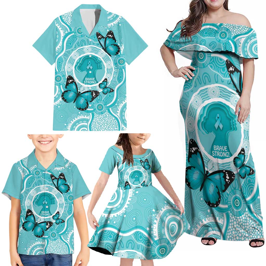 Australia Cervical Cancer Awareness Month Family Matching Off Shoulder Maxi Dress and Hawaiian Shirt Brave Strong Butterfly Aboriginal Art