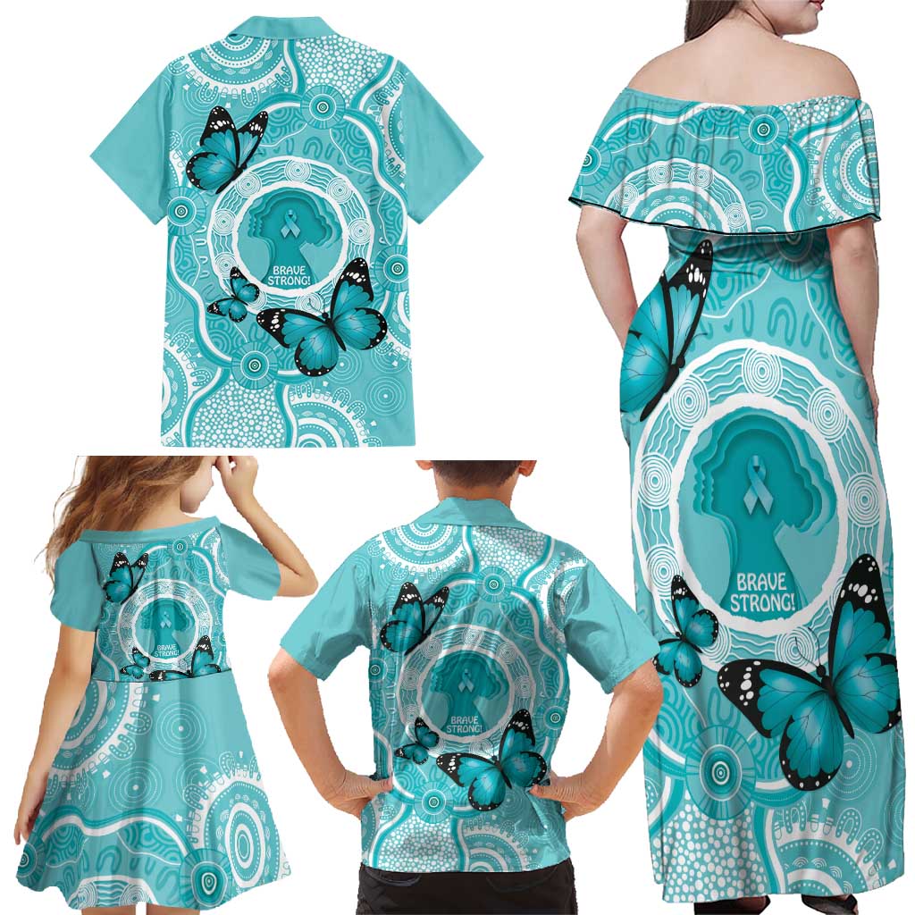 Australia Cervical Cancer Awareness Month Family Matching Off Shoulder Maxi Dress and Hawaiian Shirt Brave Strong Butterfly Aboriginal Art