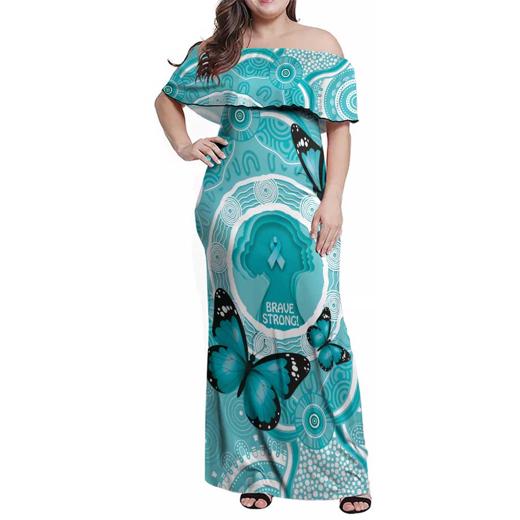 Australia Cervical Cancer Awareness Month Family Matching Off Shoulder Maxi Dress and Hawaiian Shirt Brave Strong Butterfly Aboriginal Art