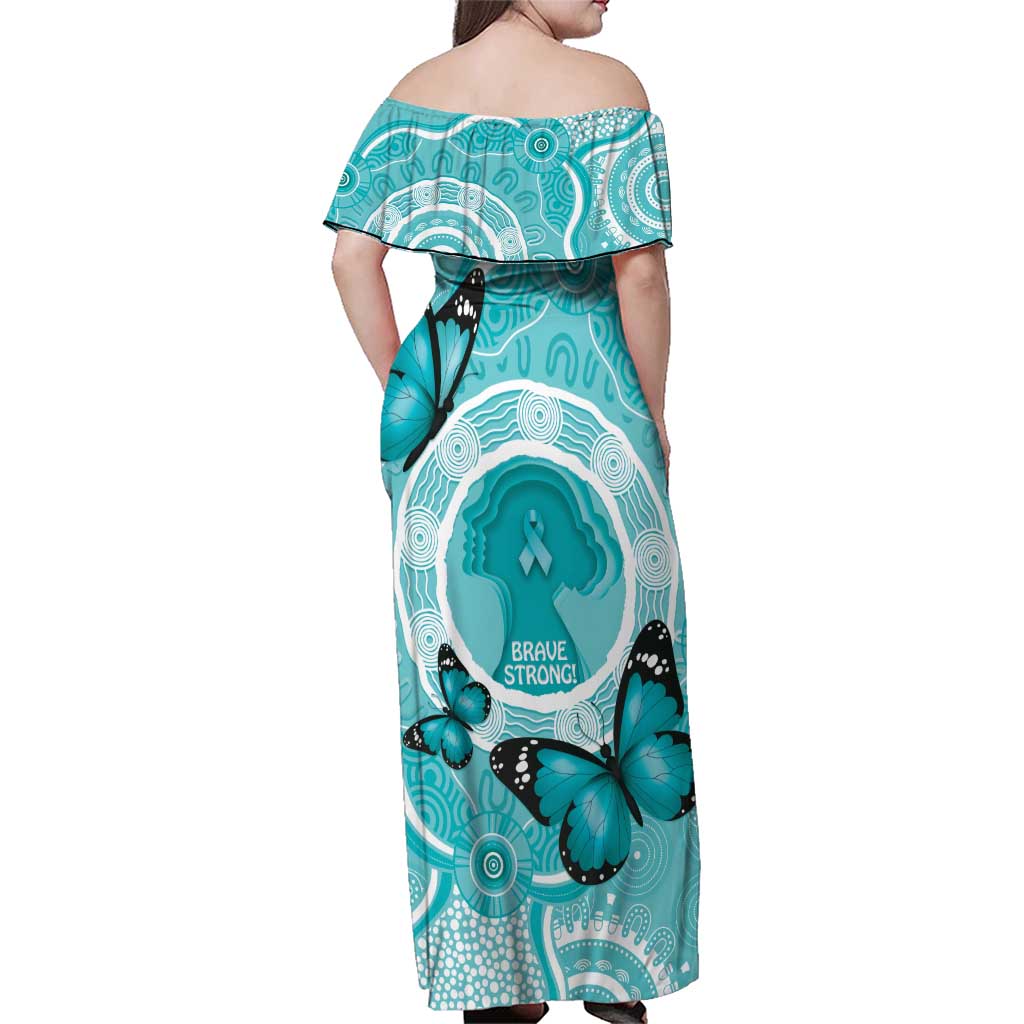 Australia Cervical Cancer Awareness Month Family Matching Off Shoulder Maxi Dress and Hawaiian Shirt Brave Strong Butterfly Aboriginal Art