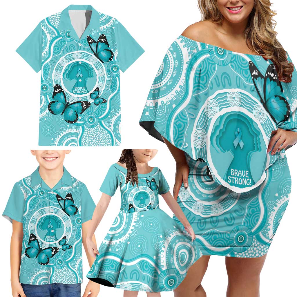 Australia Cervical Cancer Awareness Month Family Matching Off Shoulder Short Dress and Hawaiian Shirt Brave Strong Butterfly Aboriginal Art