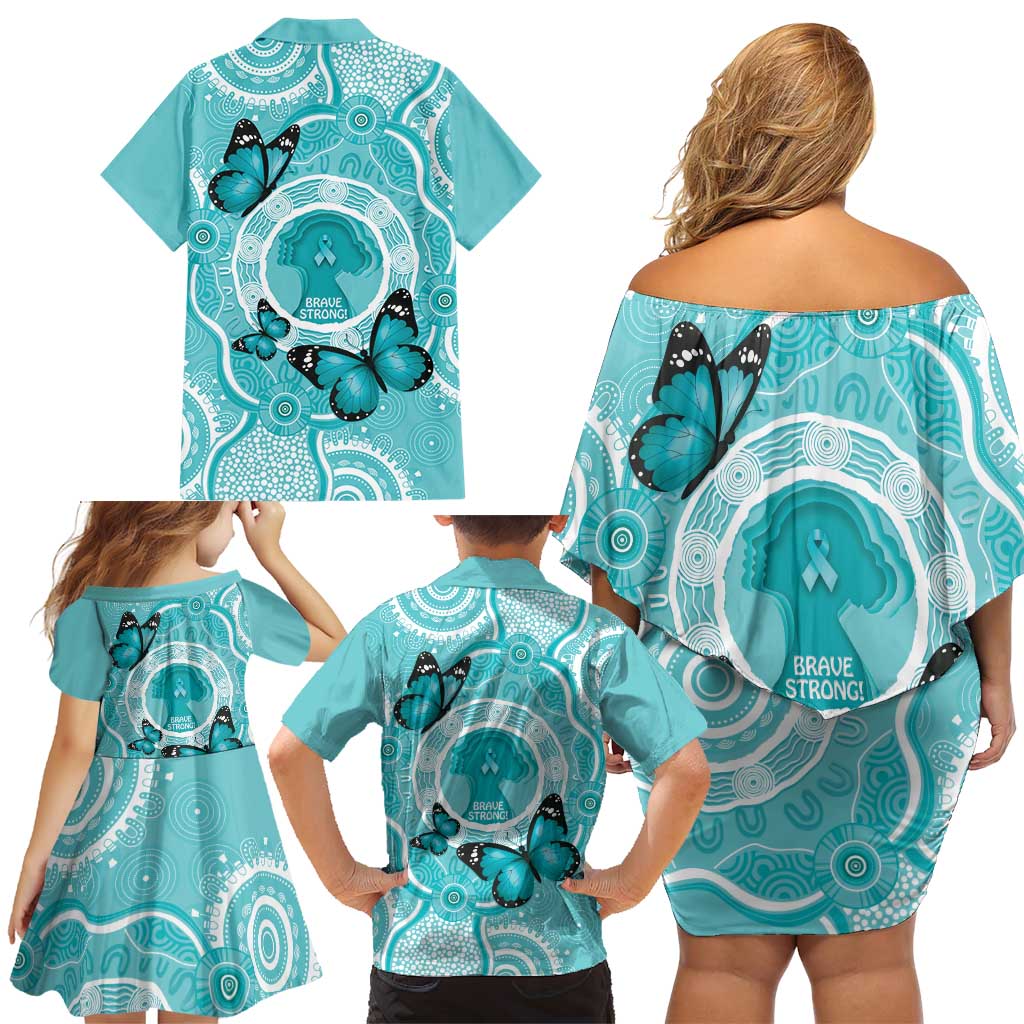 Australia Cervical Cancer Awareness Month Family Matching Off Shoulder Short Dress and Hawaiian Shirt Brave Strong Butterfly Aboriginal Art
