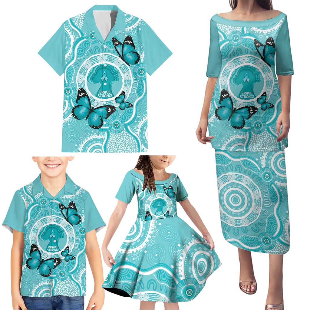 Australia Cervical Cancer Awareness Month Family Matching Puletasi and Hawaiian Shirt Brave Strong Butterfly Aboriginal Art