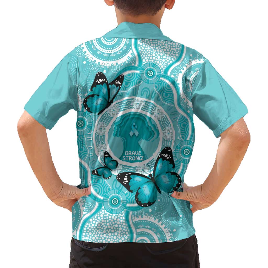 Australia Cervical Cancer Awareness Month Family Matching Puletasi and Hawaiian Shirt Brave Strong Butterfly Aboriginal Art
