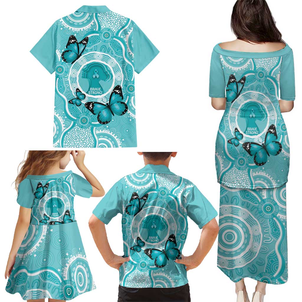 Australia Cervical Cancer Awareness Month Family Matching Puletasi and Hawaiian Shirt Brave Strong Butterfly Aboriginal Art