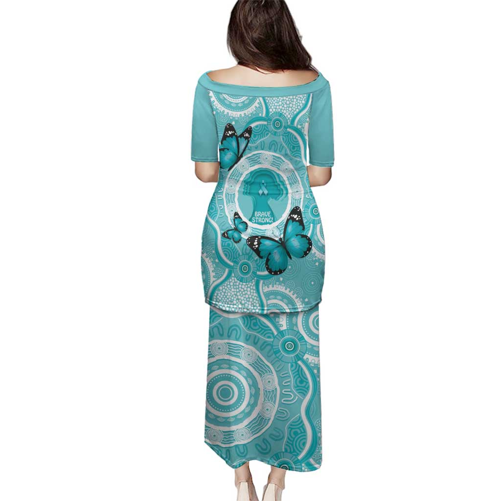 Australia Cervical Cancer Awareness Month Family Matching Puletasi and Hawaiian Shirt Brave Strong Butterfly Aboriginal Art