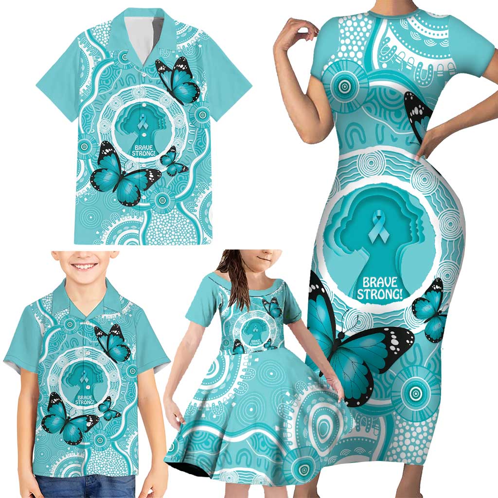 Australia Cervical Cancer Awareness Month Family Matching Short Sleeve Bodycon Dress and Hawaiian Shirt Brave Strong Butterfly Aboriginal Art