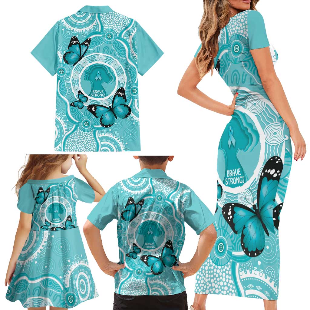 Australia Cervical Cancer Awareness Month Family Matching Short Sleeve Bodycon Dress and Hawaiian Shirt Brave Strong Butterfly Aboriginal Art