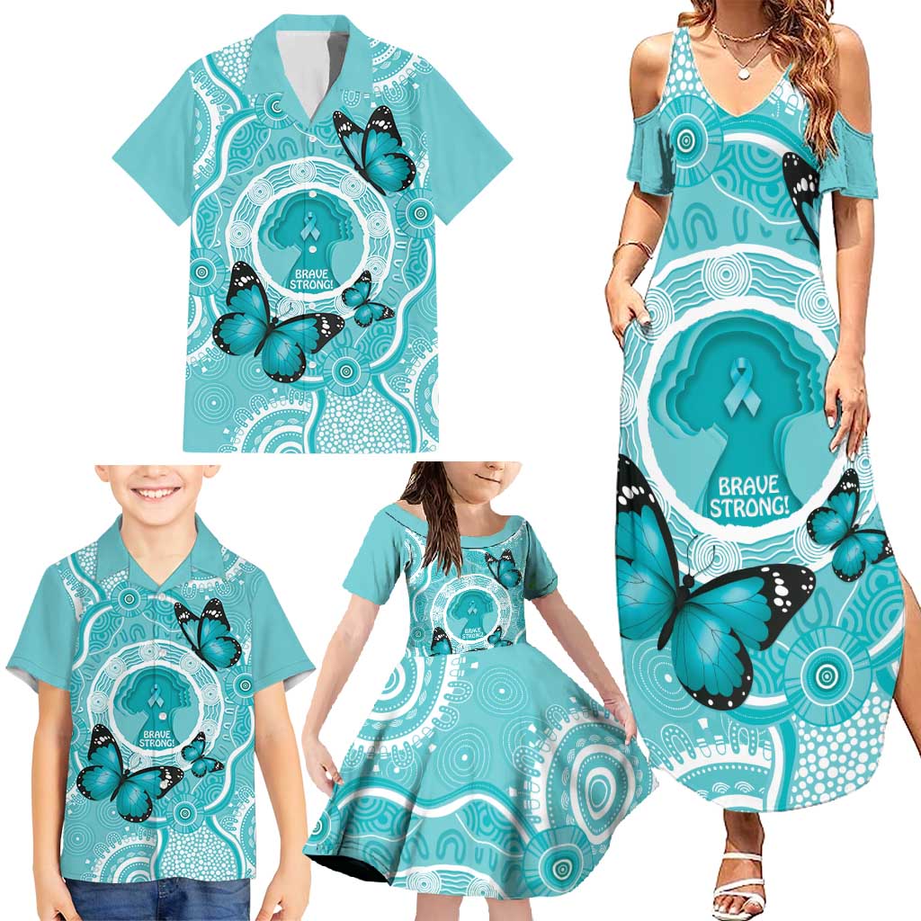 Australia Cervical Cancer Awareness Month Family Matching Summer Maxi Dress and Hawaiian Shirt Brave Strong Butterfly Aboriginal Art