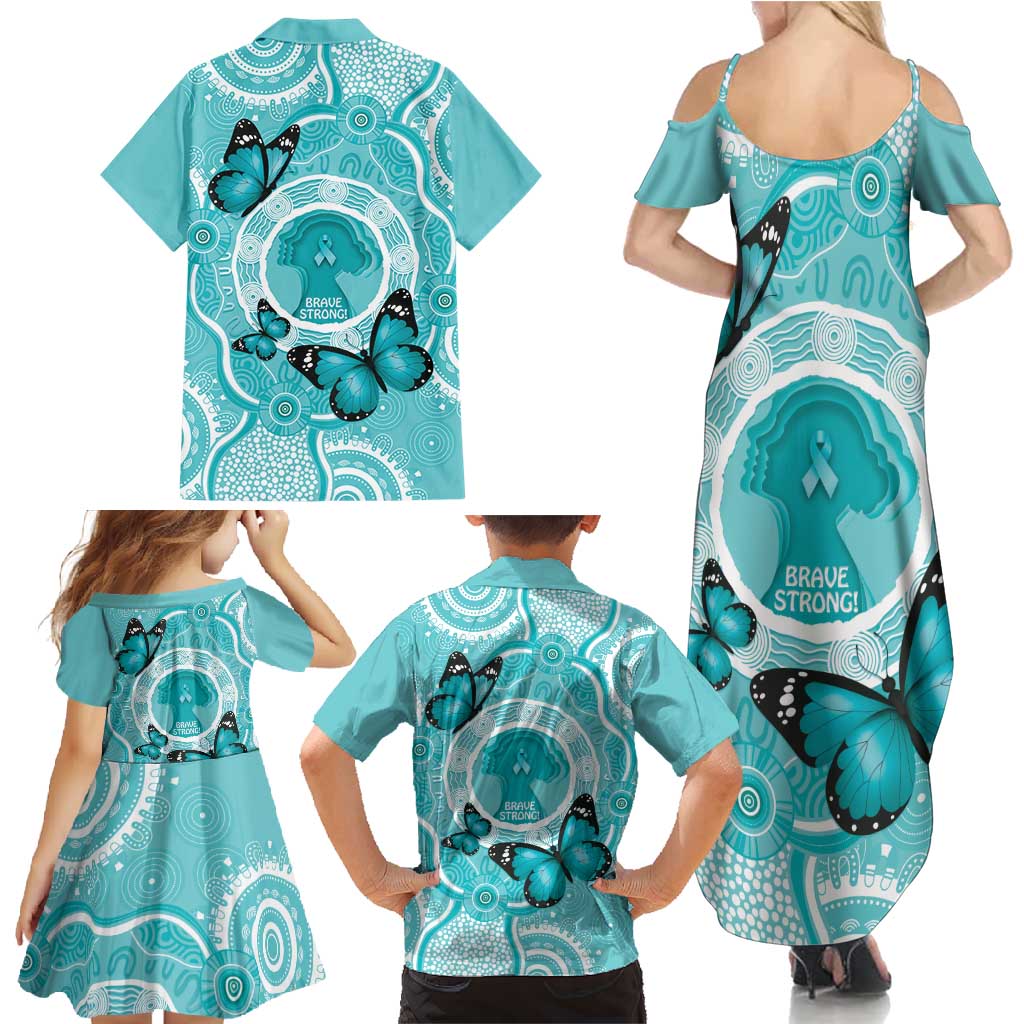 Australia Cervical Cancer Awareness Month Family Matching Summer Maxi Dress and Hawaiian Shirt Brave Strong Butterfly Aboriginal Art