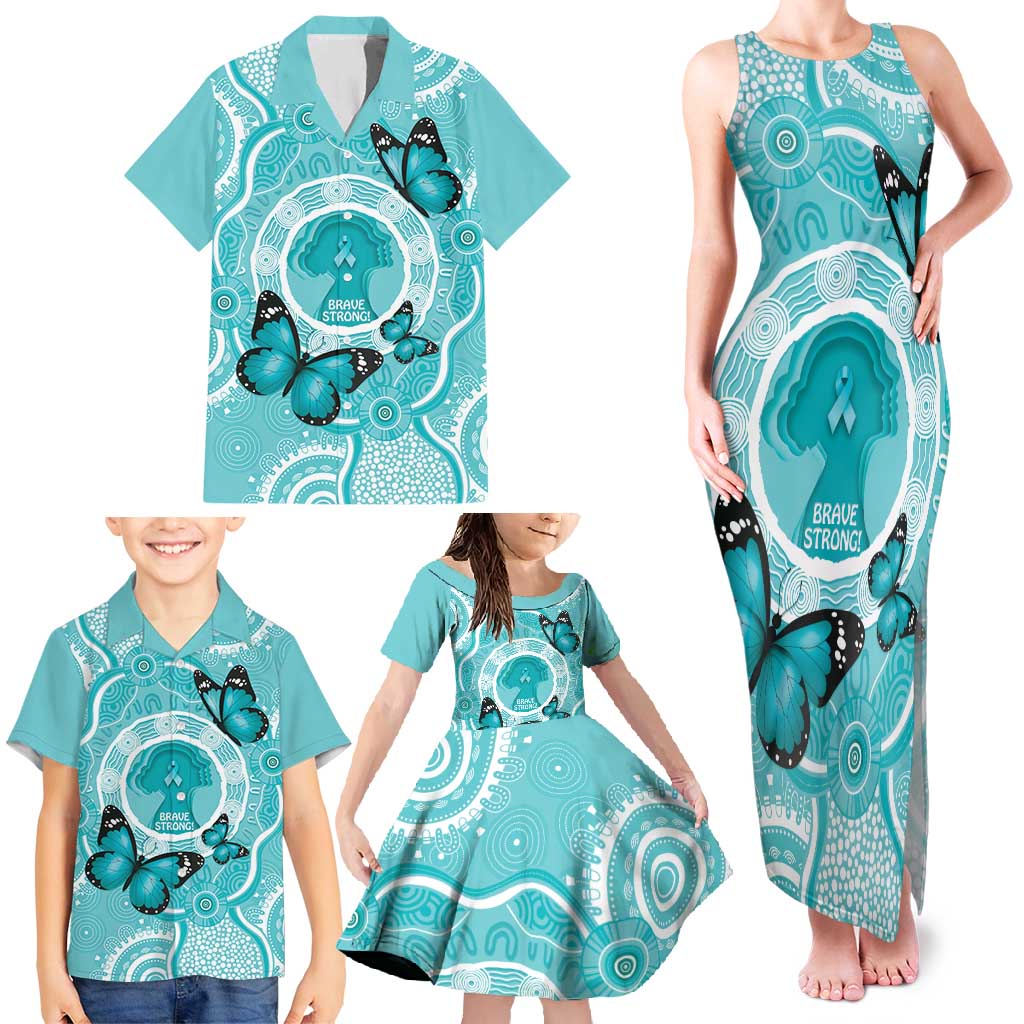 Australia Cervical Cancer Awareness Month Family Matching Tank Maxi Dress and Hawaiian Shirt Brave Strong Butterfly Aboriginal Art