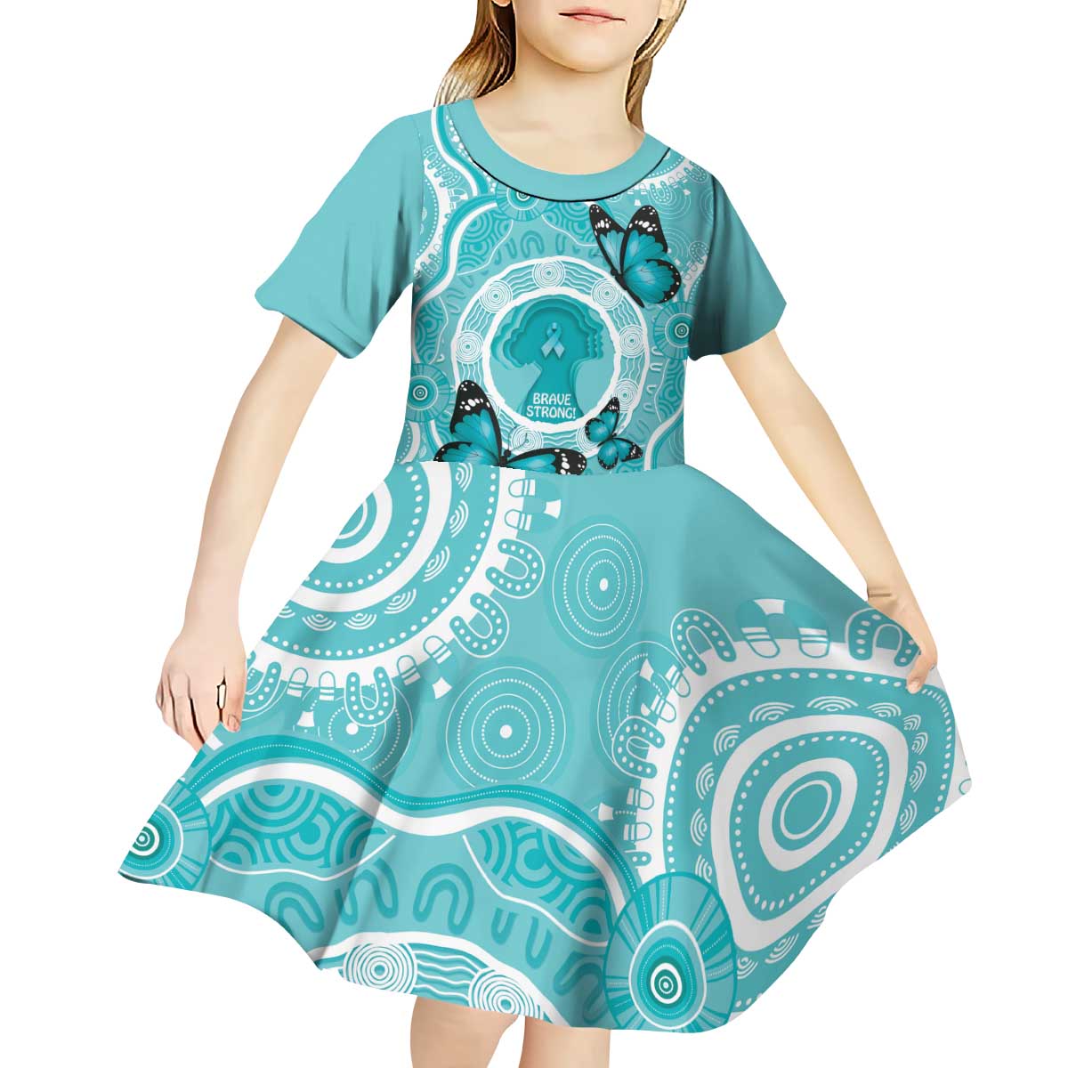 Australia Cervical Cancer Awareness Month Kid Short Sleeve Dress Brave Strong Butterfly Aboriginal Art - Vibe Hoodie Shop