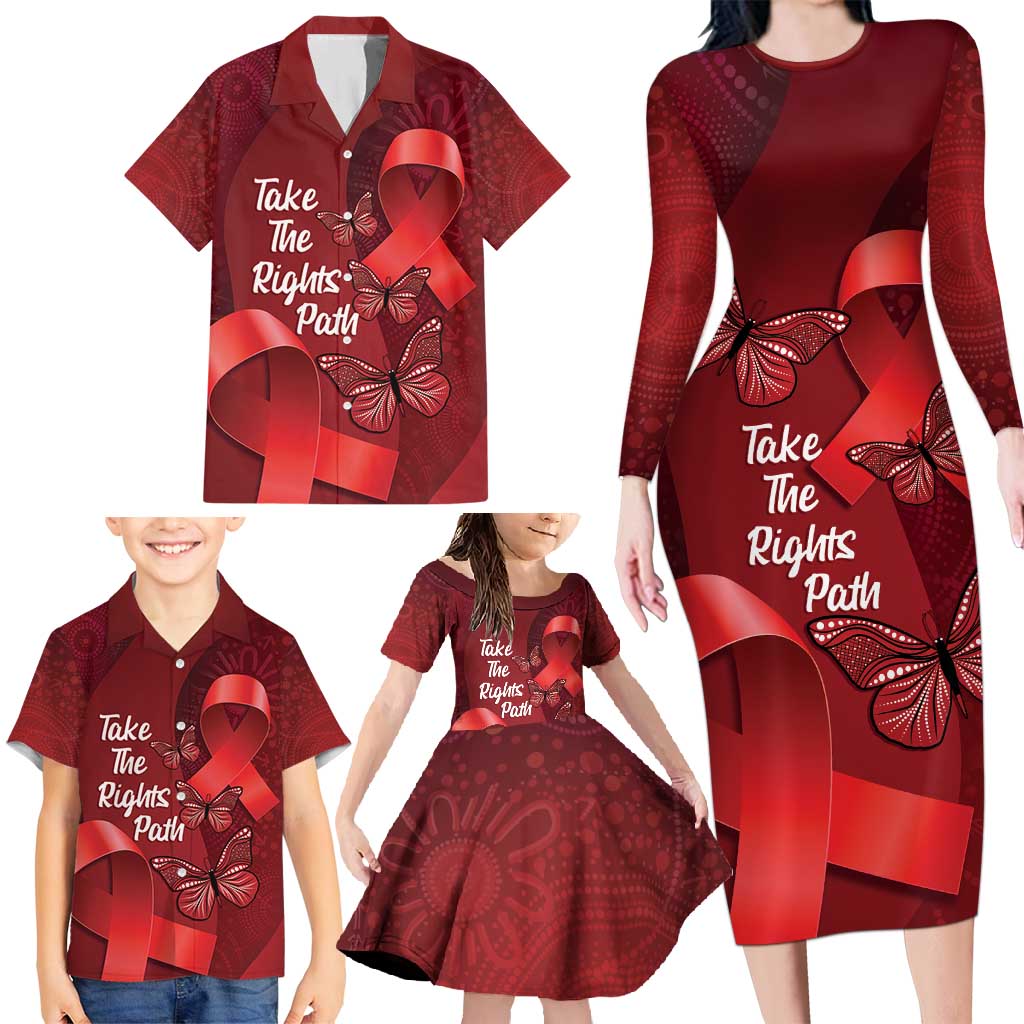 Australia AIDS Awareness Month Family Matching Long Sleeve Bodycon Dress and Hawaiian Shirt Take The Rights Path Aboriginal Art