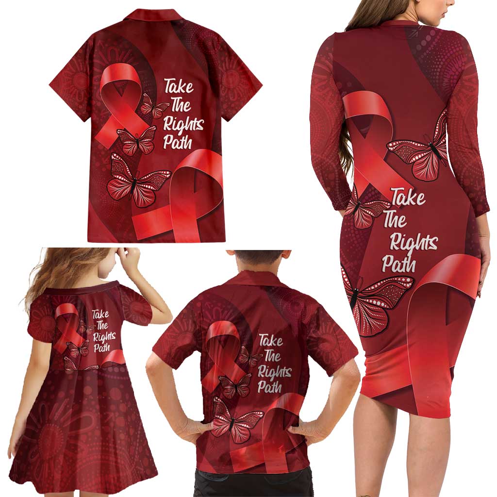 Australia AIDS Awareness Month Family Matching Long Sleeve Bodycon Dress and Hawaiian Shirt Take The Rights Path Aboriginal Art