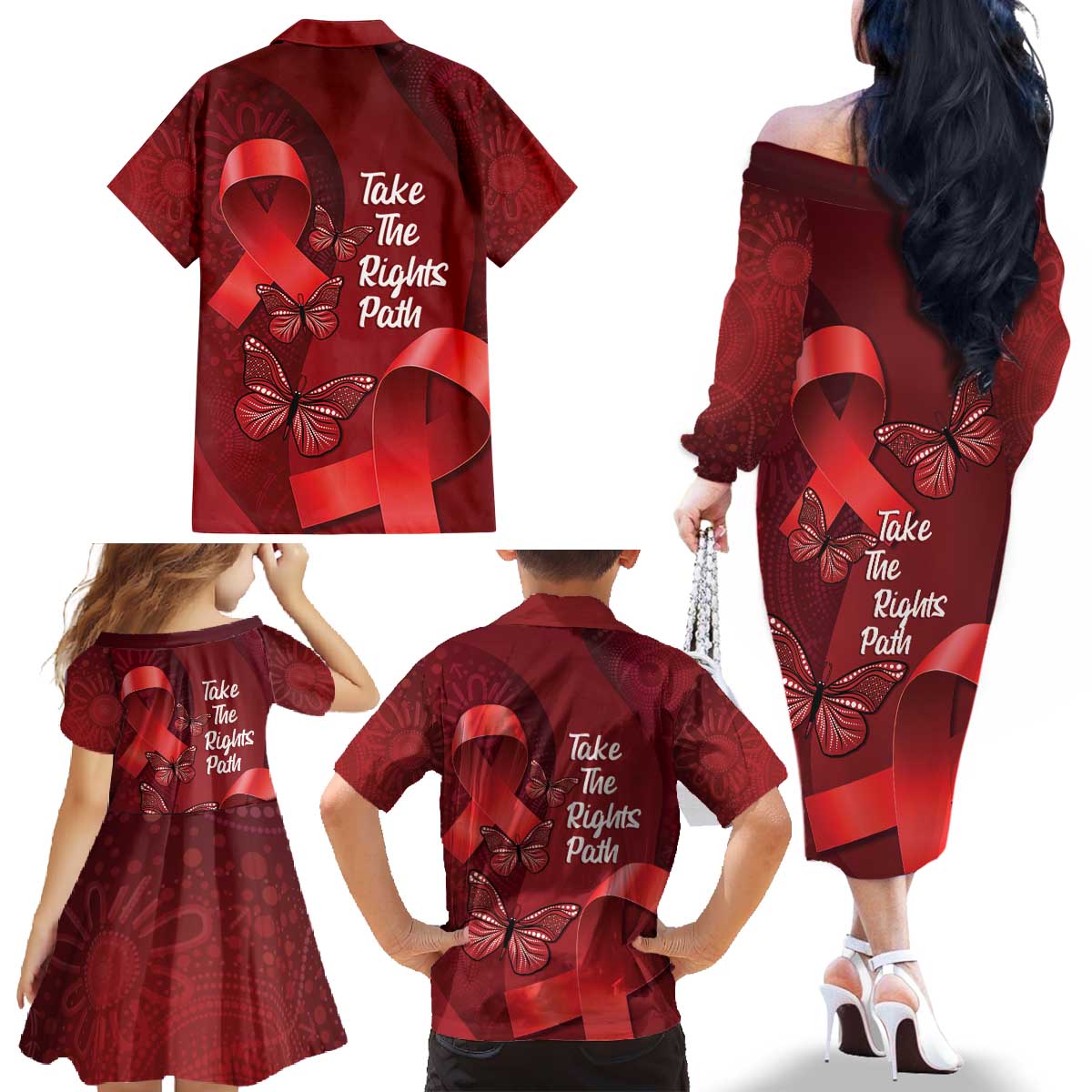 Australia AIDS Awareness Month Family Matching Off The Shoulder Long Sleeve Dress and Hawaiian Shirt Take The Rights Path Aboriginal Art