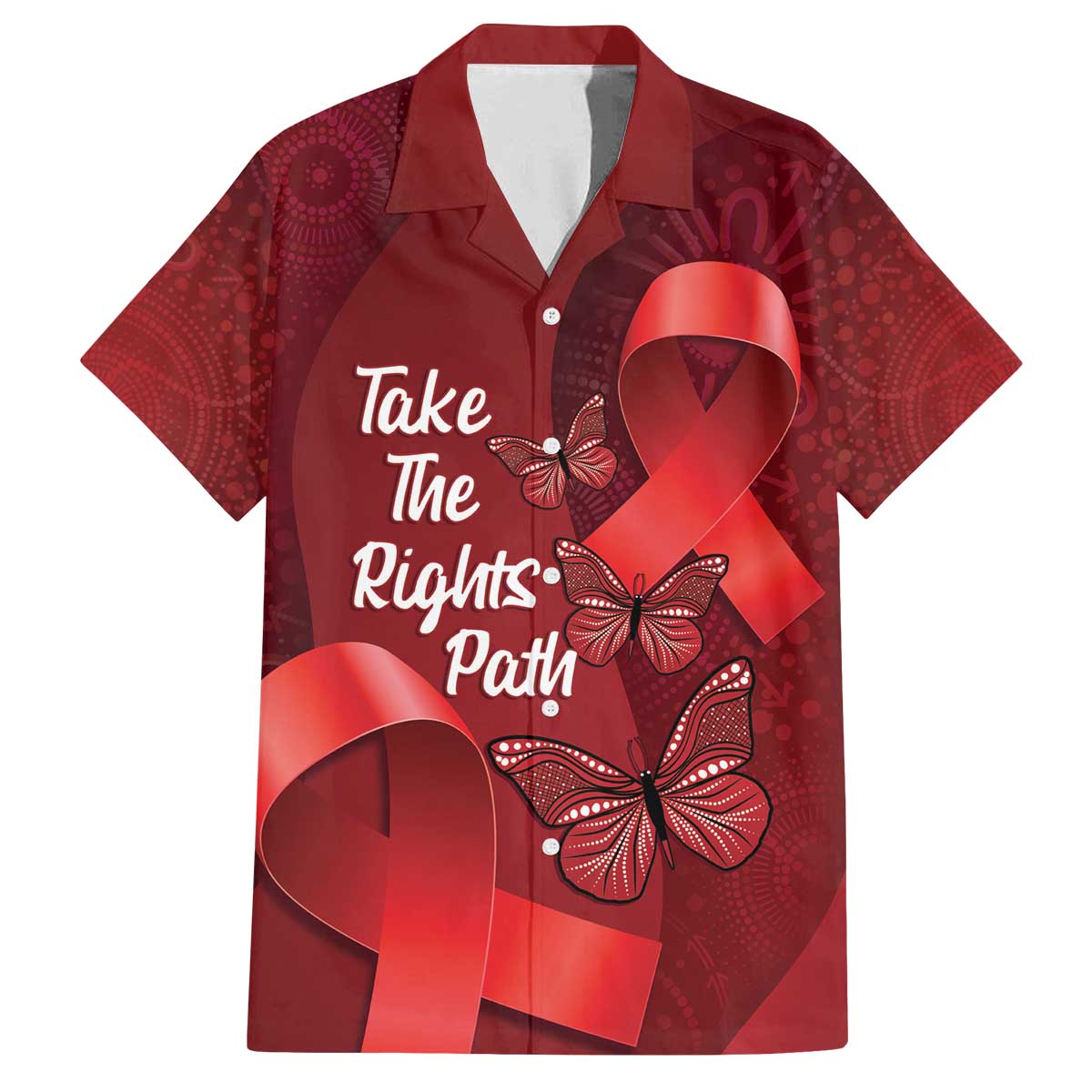 Australia AIDS Awareness Month Family Matching Off The Shoulder Long Sleeve Dress and Hawaiian Shirt Take The Rights Path Aboriginal Art