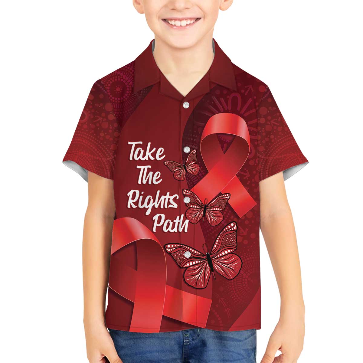 Australia AIDS Awareness Month Family Matching Off The Shoulder Long Sleeve Dress and Hawaiian Shirt Take The Rights Path Aboriginal Art