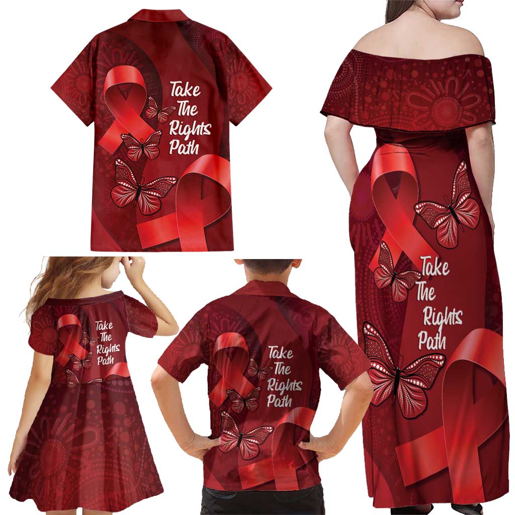 Australia AIDS Awareness Month Family Matching Off Shoulder Maxi Dress and Hawaiian Shirt Take The Rights Path Aboriginal Art