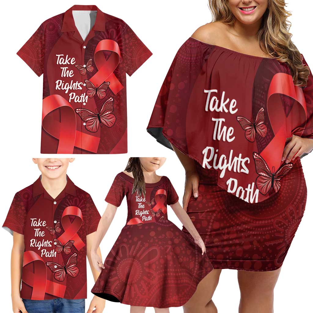 Australia AIDS Awareness Month Family Matching Off Shoulder Short Dress and Hawaiian Shirt Take The Rights Path Aboriginal Art