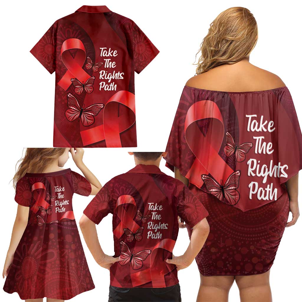 Australia AIDS Awareness Month Family Matching Off Shoulder Short Dress and Hawaiian Shirt Take The Rights Path Aboriginal Art