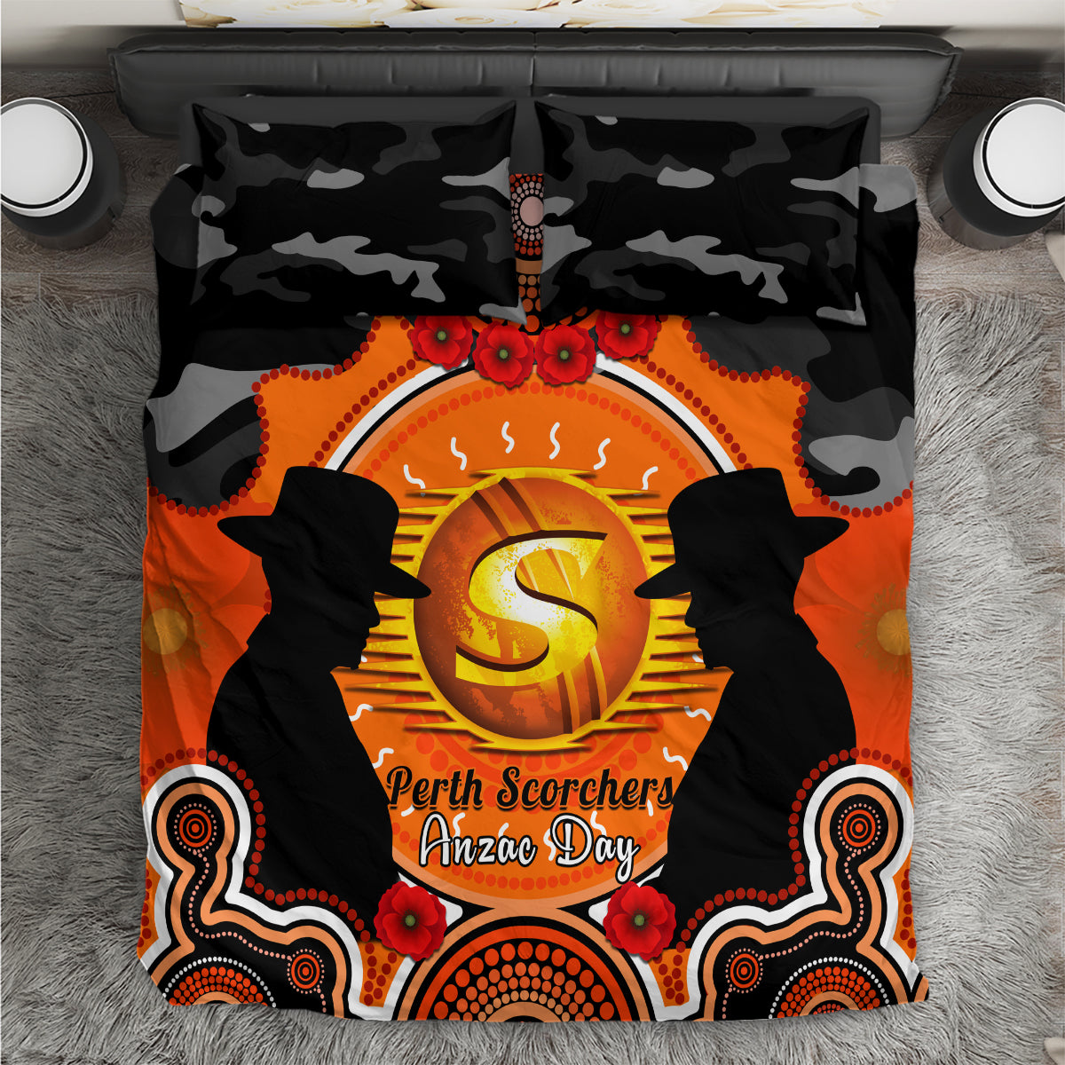 Perth Scorchers ANZAC 2024 Bedding Set Lest We Forget Poppy Mix Camouflage - Vibe Hoodie Shop