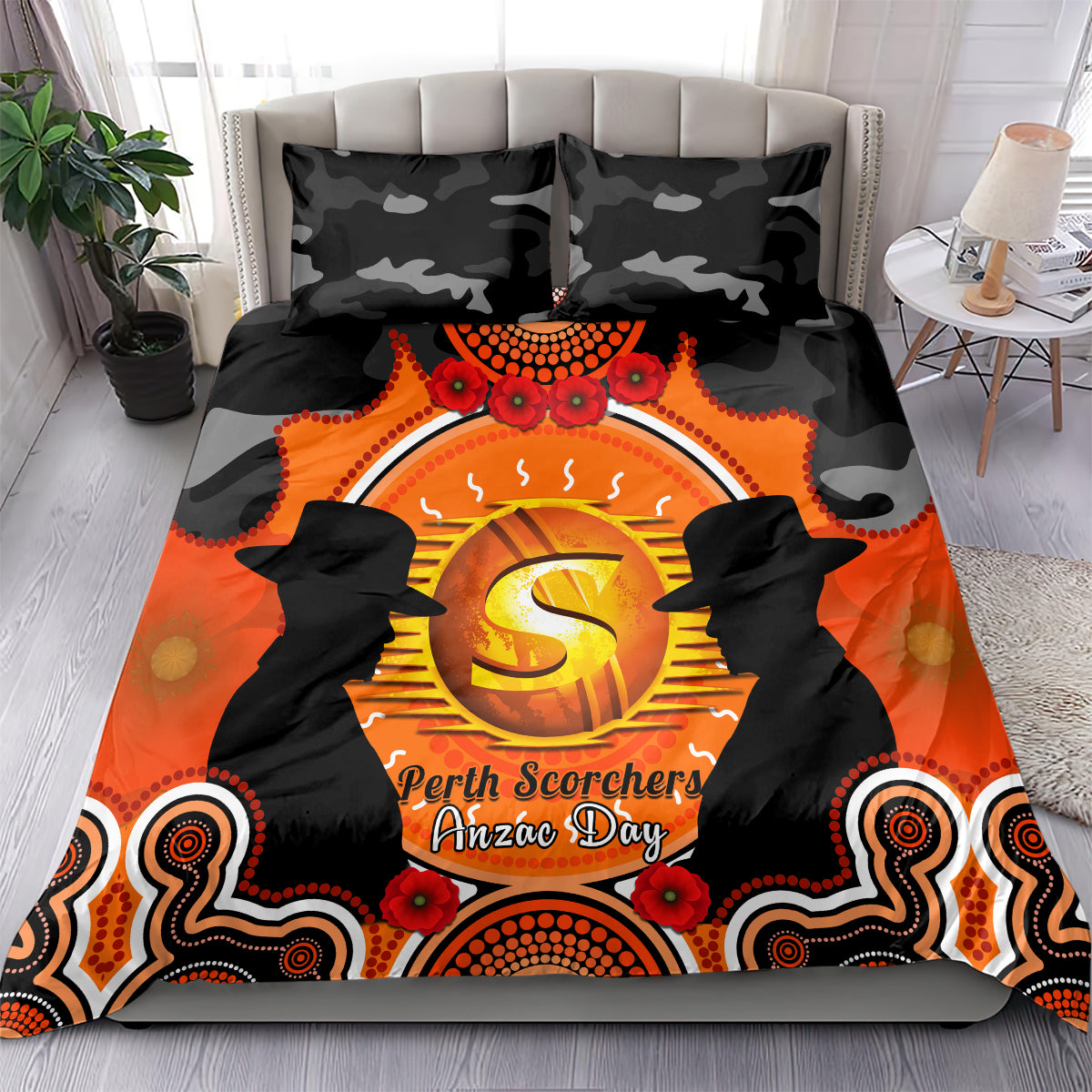 Perth Scorchers ANZAC 2024 Bedding Set Lest We Forget Poppy Mix Camouflage - Vibe Hoodie Shop