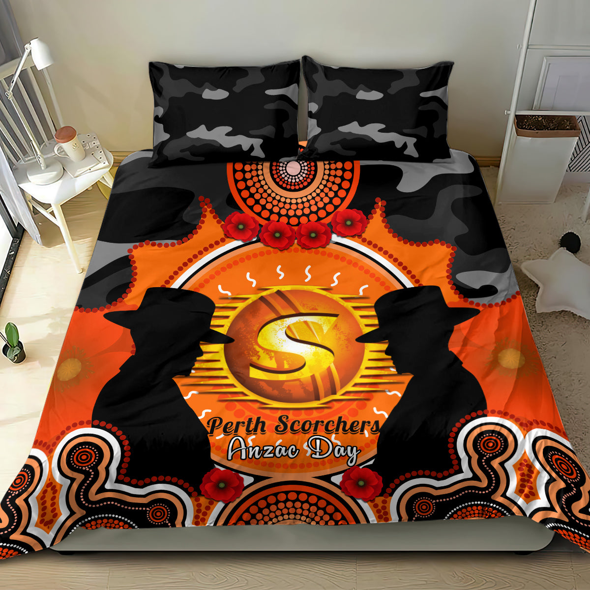 Perth Scorchers ANZAC 2024 Bedding Set Lest We Forget Poppy Mix Camouflage - Vibe Hoodie Shop