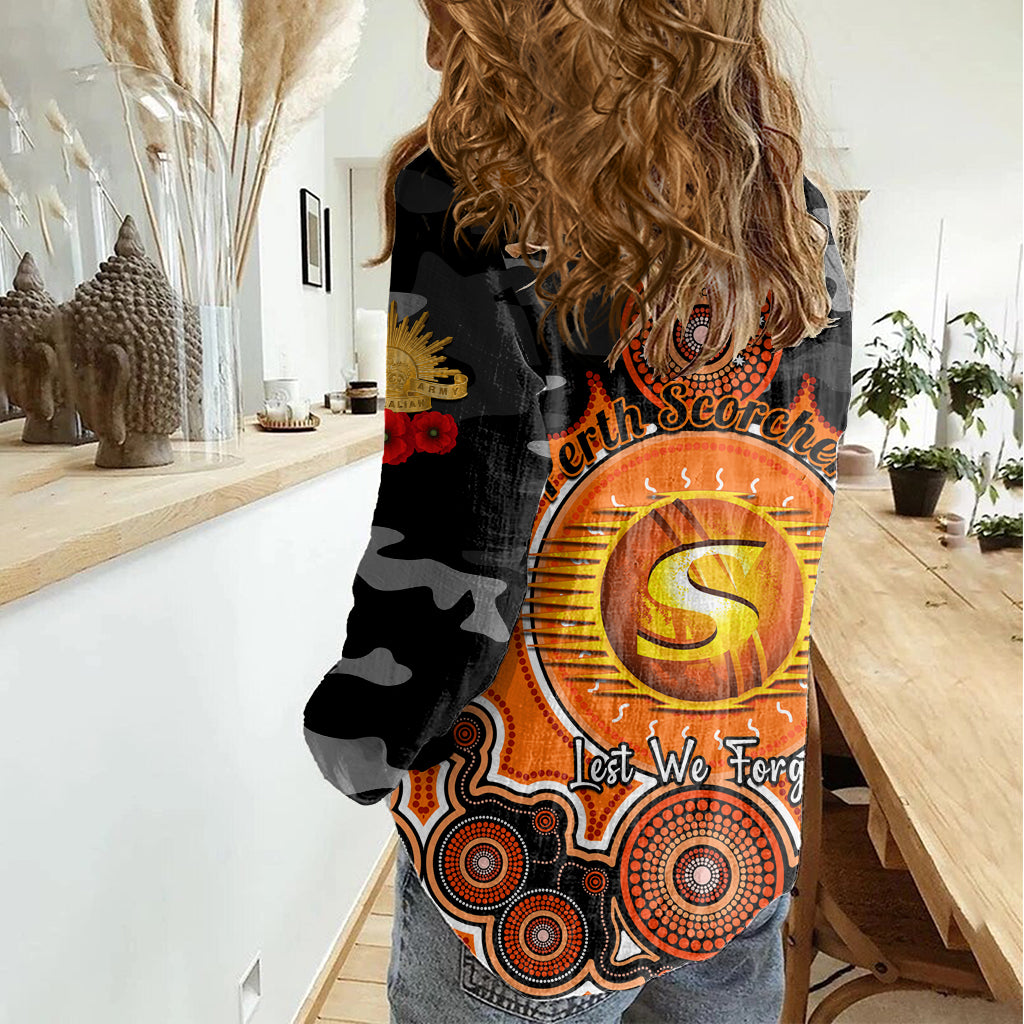 Perth Scorchers ANZAC 2024 Women Casual Shirt Lest We Forget Poppy Mix Camouflage - Vibe Hoodie Shop