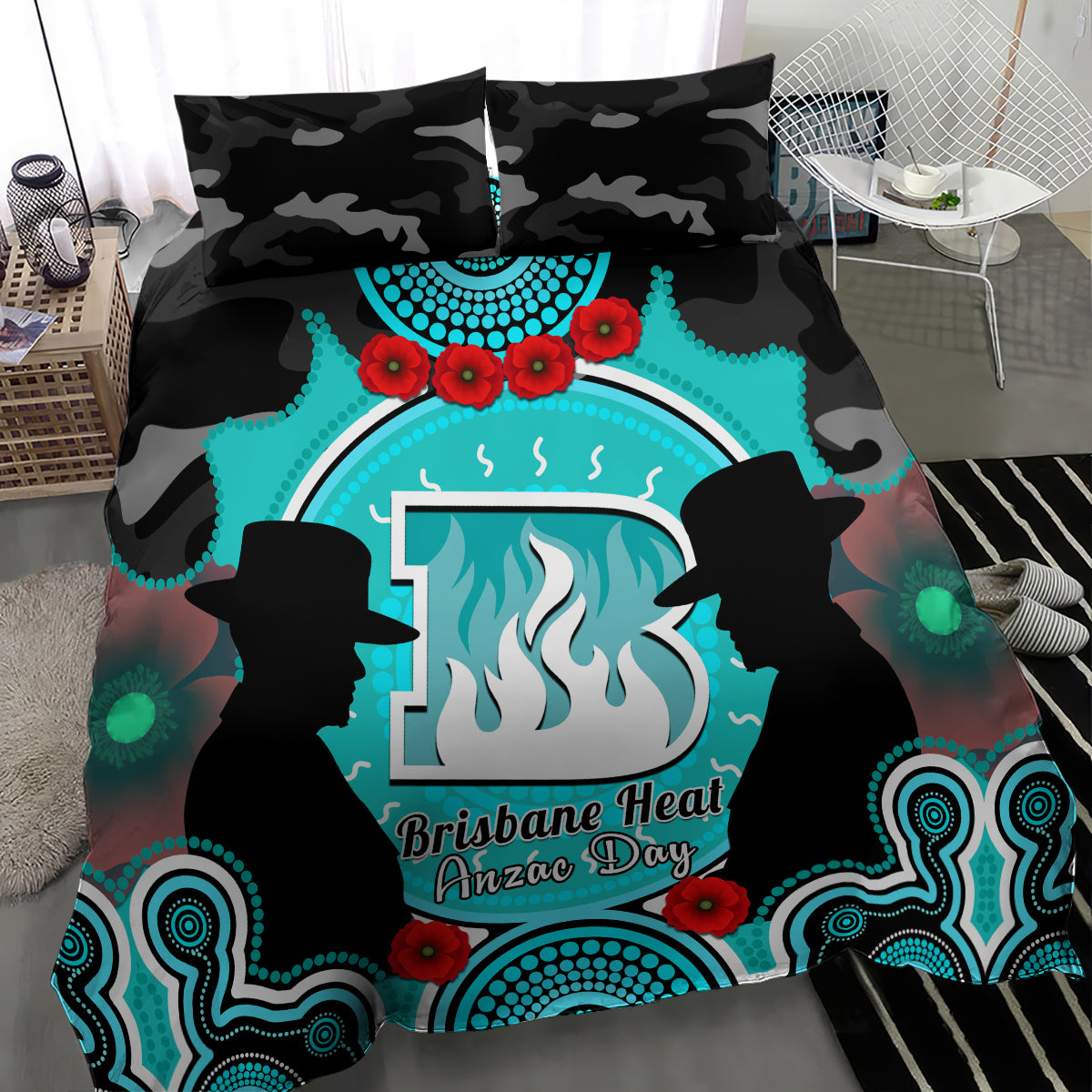 Brisbane Heat ANZAC 2024 Bedding Set Lest We Forget Poppy Mix Camouflage - Vibe Hoodie Shop