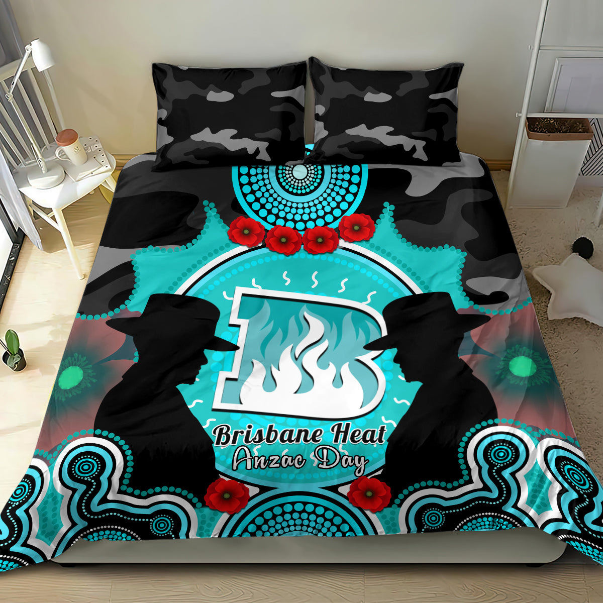 Brisbane Heat ANZAC 2024 Bedding Set Lest We Forget Poppy Mix Camouflage - Vibe Hoodie Shop