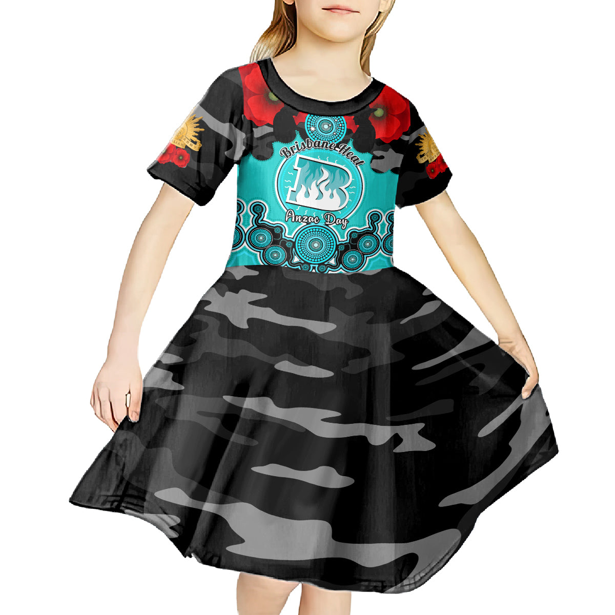 Brisbane Heat ANZAC 2024 Kid Short Sleeve Dress Lest We Forget Poppy Mix Camouflage - Vibe Hoodie Shop