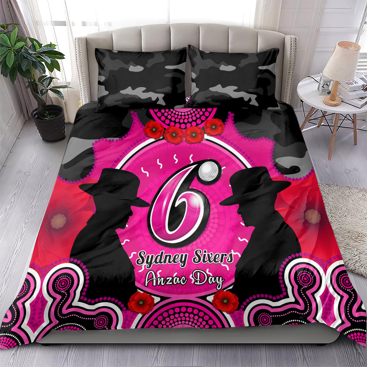 Sydney Sixers ANZAC 2024 Bedding Set Lest We Forget Poppy Mix Camouflage - Vibe Hoodie Shop
