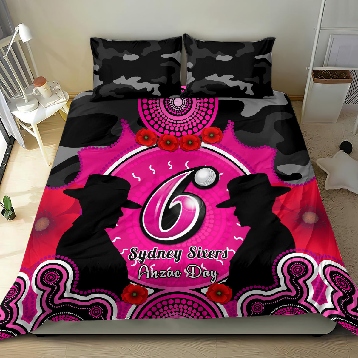 Sydney Sixers ANZAC 2024 Bedding Set Lest We Forget Poppy Mix Camouflage - Vibe Hoodie Shop