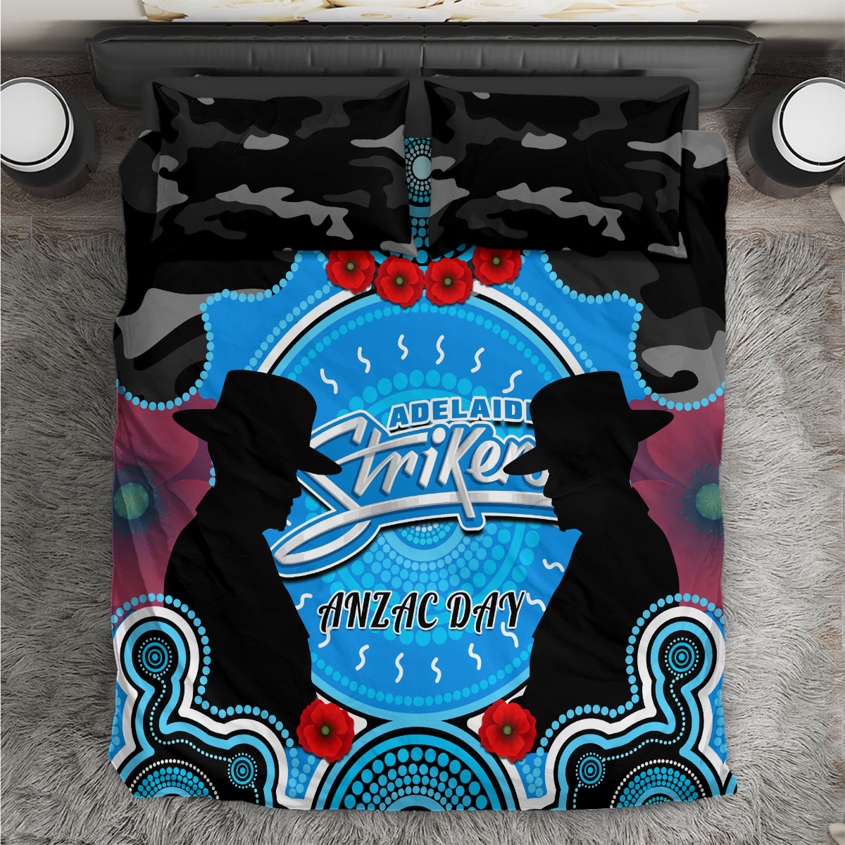 Adelaide Strikers ANZAC 2024 Bedding Set Lest We Forget Poppy Mix Camouflage - Vibe Hoodie Shop